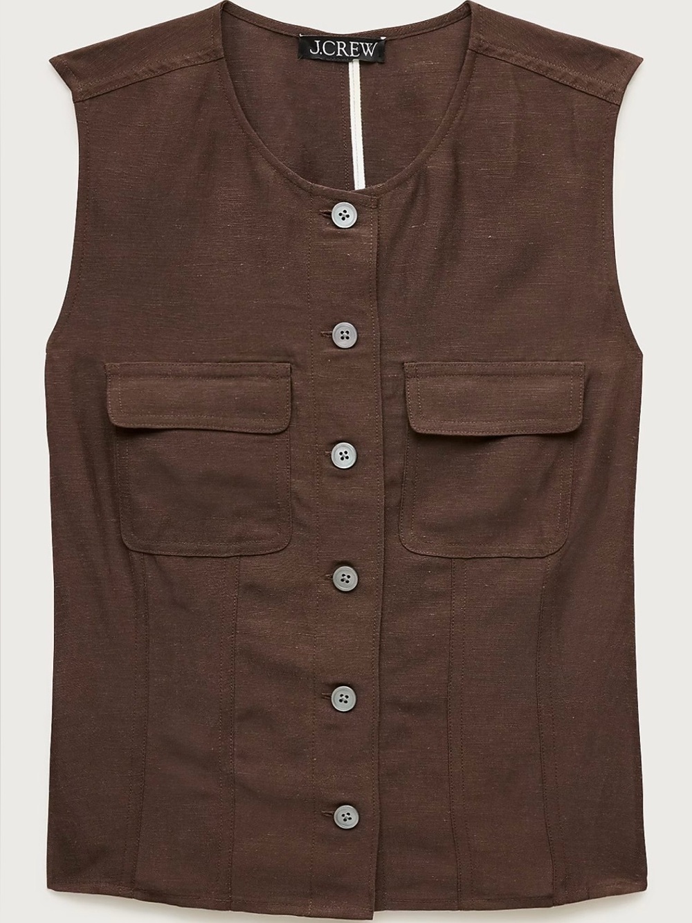 J. Crew dark brown utility button-up top in Gramercy linen blend vest, New